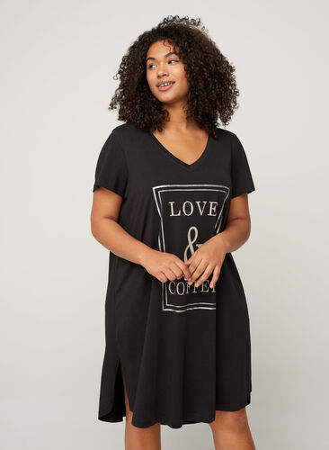 Katoenen pyjama jurk met korte mouwen en print, Black, Model image number 0
