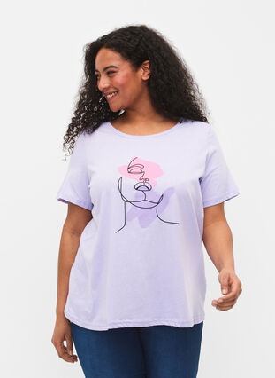 T-shirt en coton à col rond et imprimé, Lavender FACE, Model image number 0
