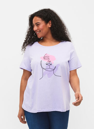 Katoenen t-shirt met ronde hals en opdruk, Lavender FACE, Model image number 0