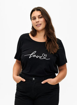 T-shirt en coton à col ras du cou avec impression, Black W. Love, Model image number 0
