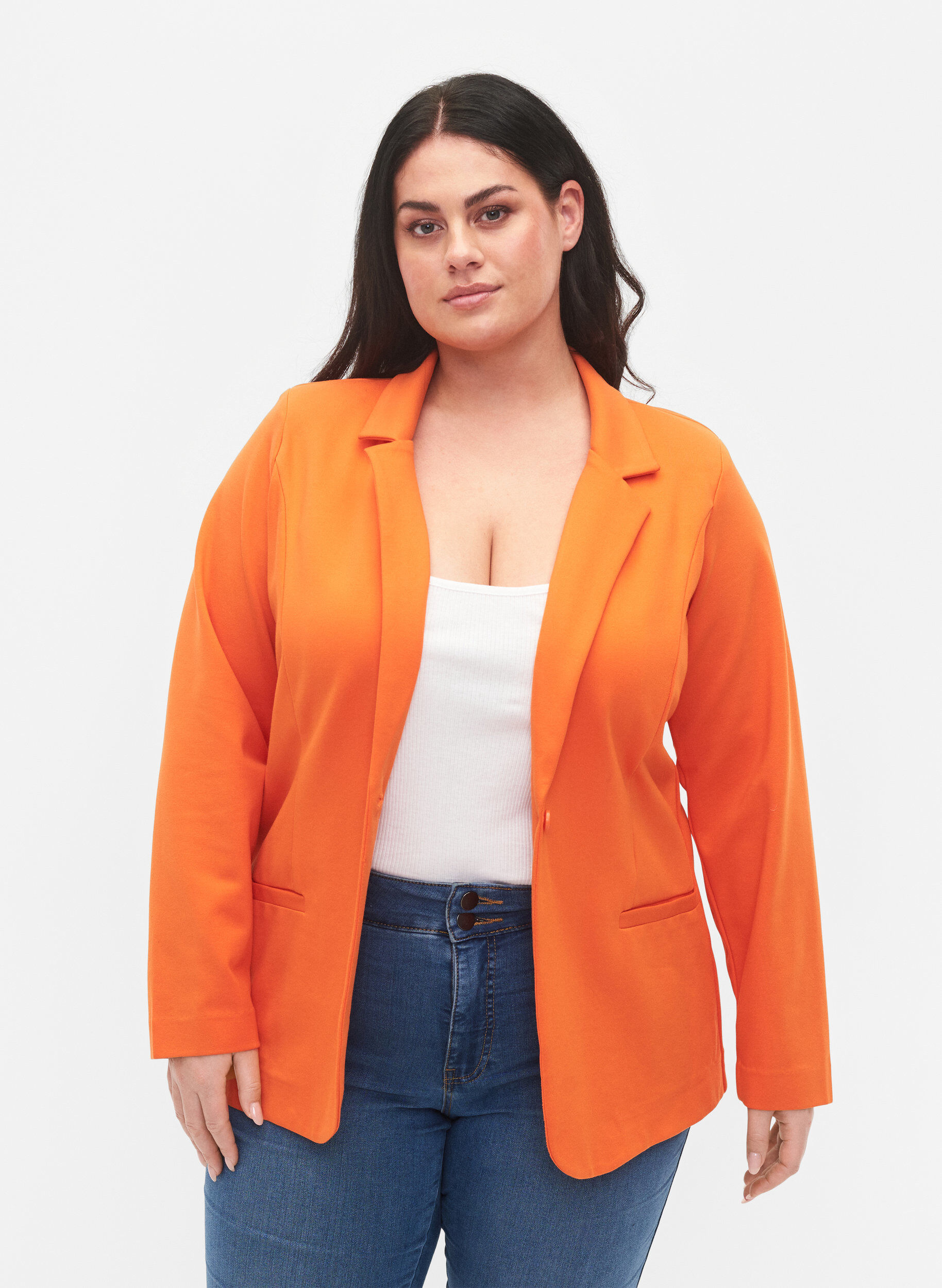 Zizzi Blazer simple avec bouton et poches d&eacute;coratives, Mandarin Orange, Model image number 0