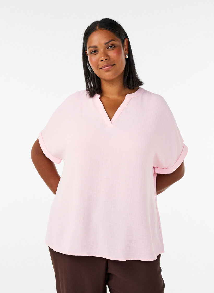Luchtige blouse met korte mouwen, Roze, Model image number 0