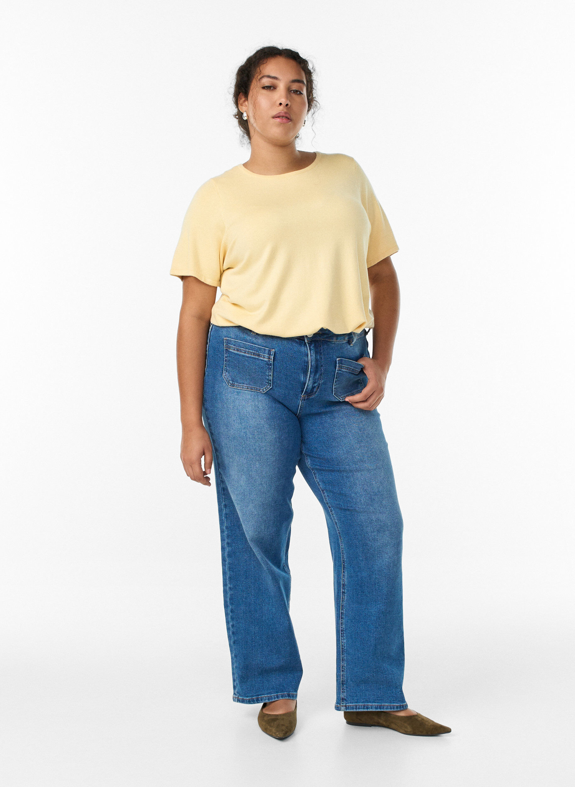 ZizziGebreide blouse met korte mouwen van viscose, Geel, Model image number 1