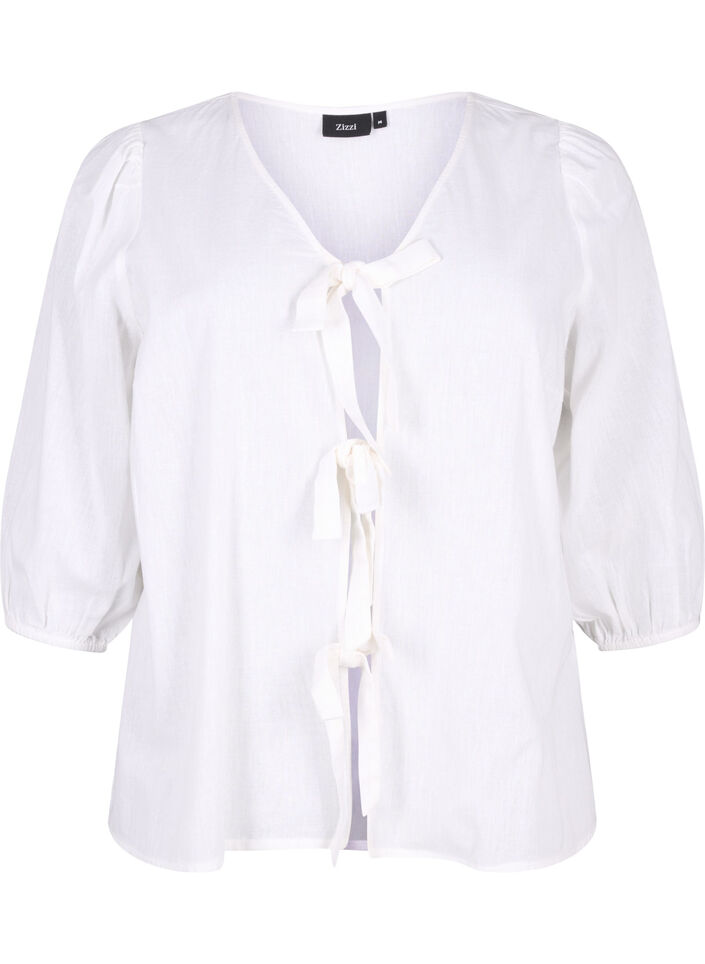 Katoenen blouse met 3/4 mouwen in een katoenmix met linnen, Bright White, Packshot image number 0