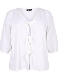 Katoenen blouse met 3/4 mouwen in een katoenmix met linnen, Bright White, Packshot