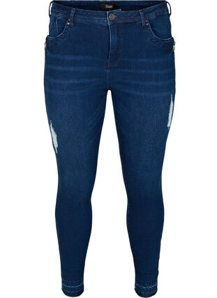 Super slim fit Amy jeans met slijtage, Dark blue denim, Packshot image number 0