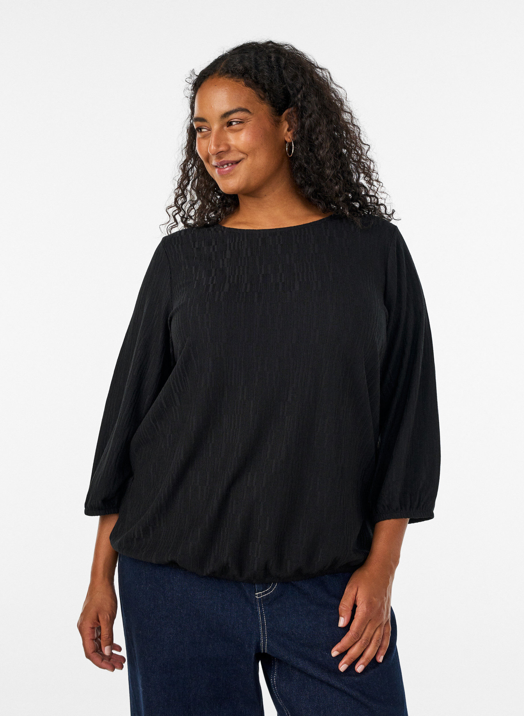 Blouse met textuur en 3/4 mouwen, Zwart, Model