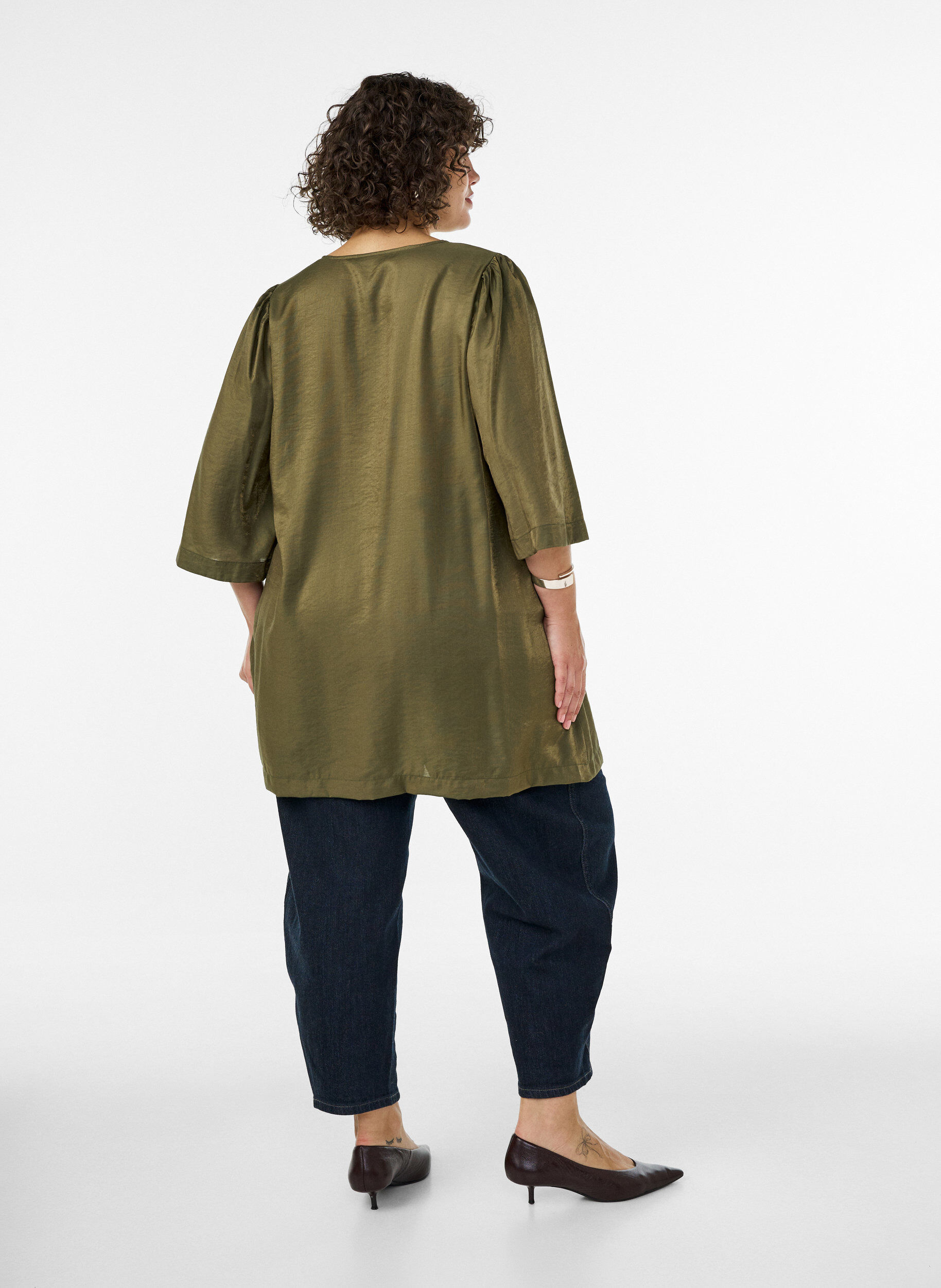 ZizziGlanzende tuniek met V-hals en 3/4 mouwen, Groen, Model image number 2
