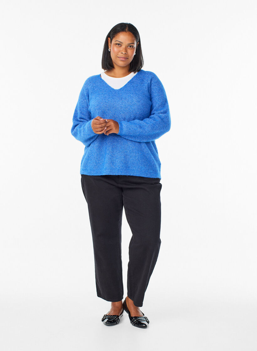 Blouse en maille &agrave; col V et manches raglan, Bleu, Model image number 1