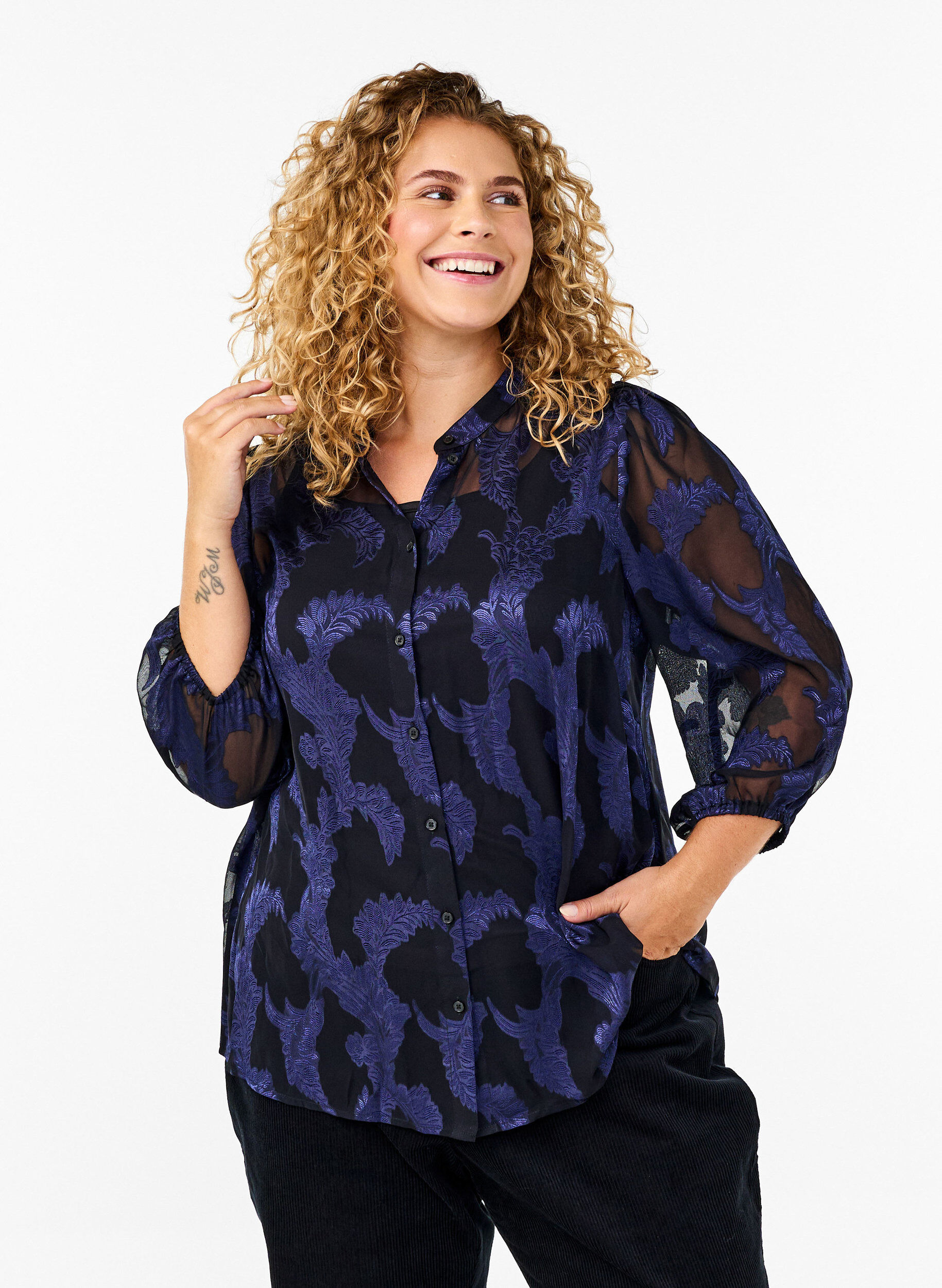 ZizziChiffon blouse met jacquardpatroon, Evening Blue, Model image number 0