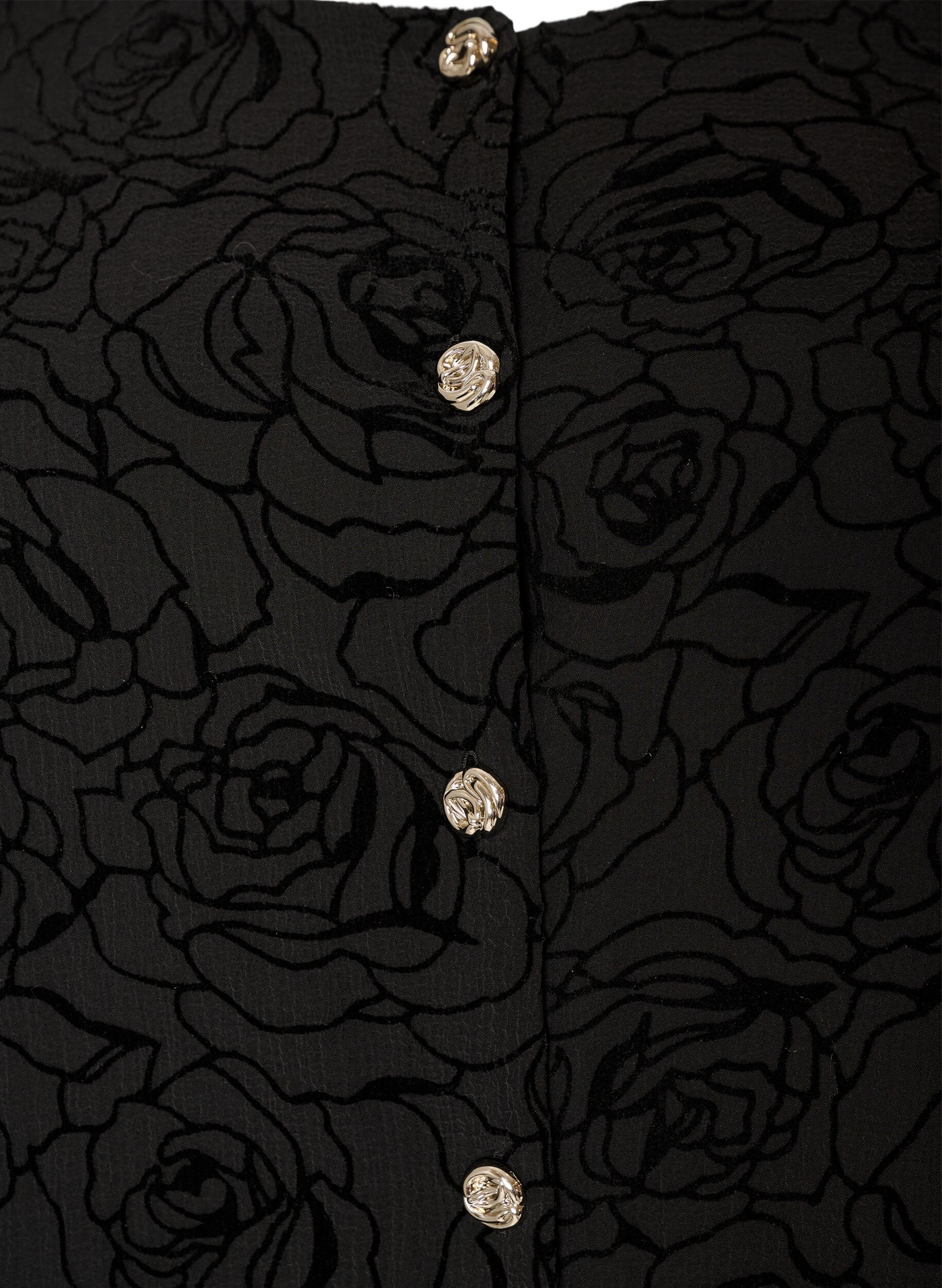 ZizziKorte jurk met rozenprint en knopen, Zwart, Packshot image number 2