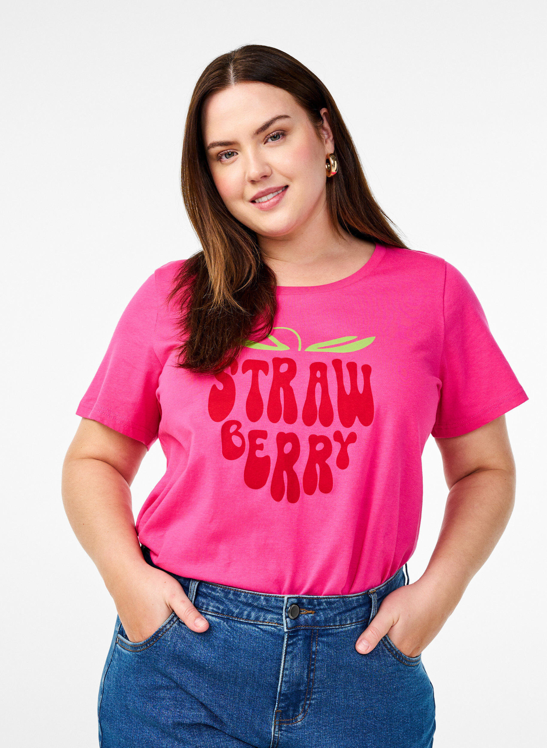 Zizzi T-shirt en coton avec motif, Raspb. w. Strawberry, Model image number 0