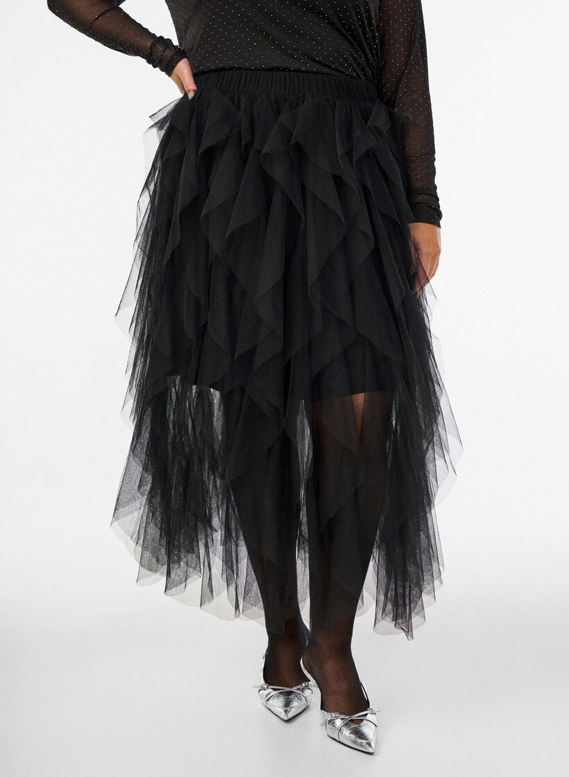 Midirok van tule met elastische tailleband, Zwart, Model image number 2