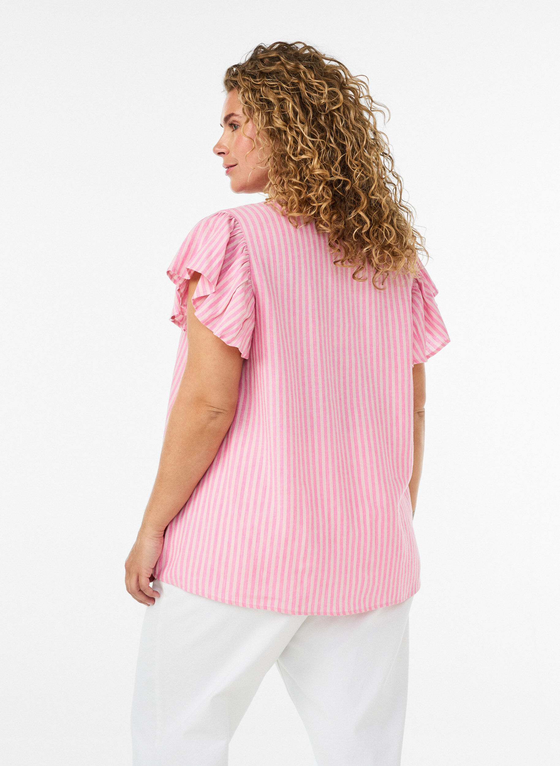 ZizziViscose en linnen blouse met ruches aan de mouwen, Roze, Model image number 2