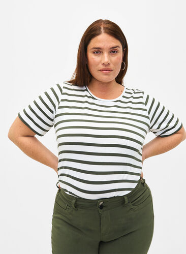 T-shirt rayé en coton biologique, Thyme Stripe, Model image number 0