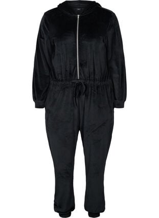 Velours jumpsuit met capuchon en striksluiting, Black, Packshot image number 0
