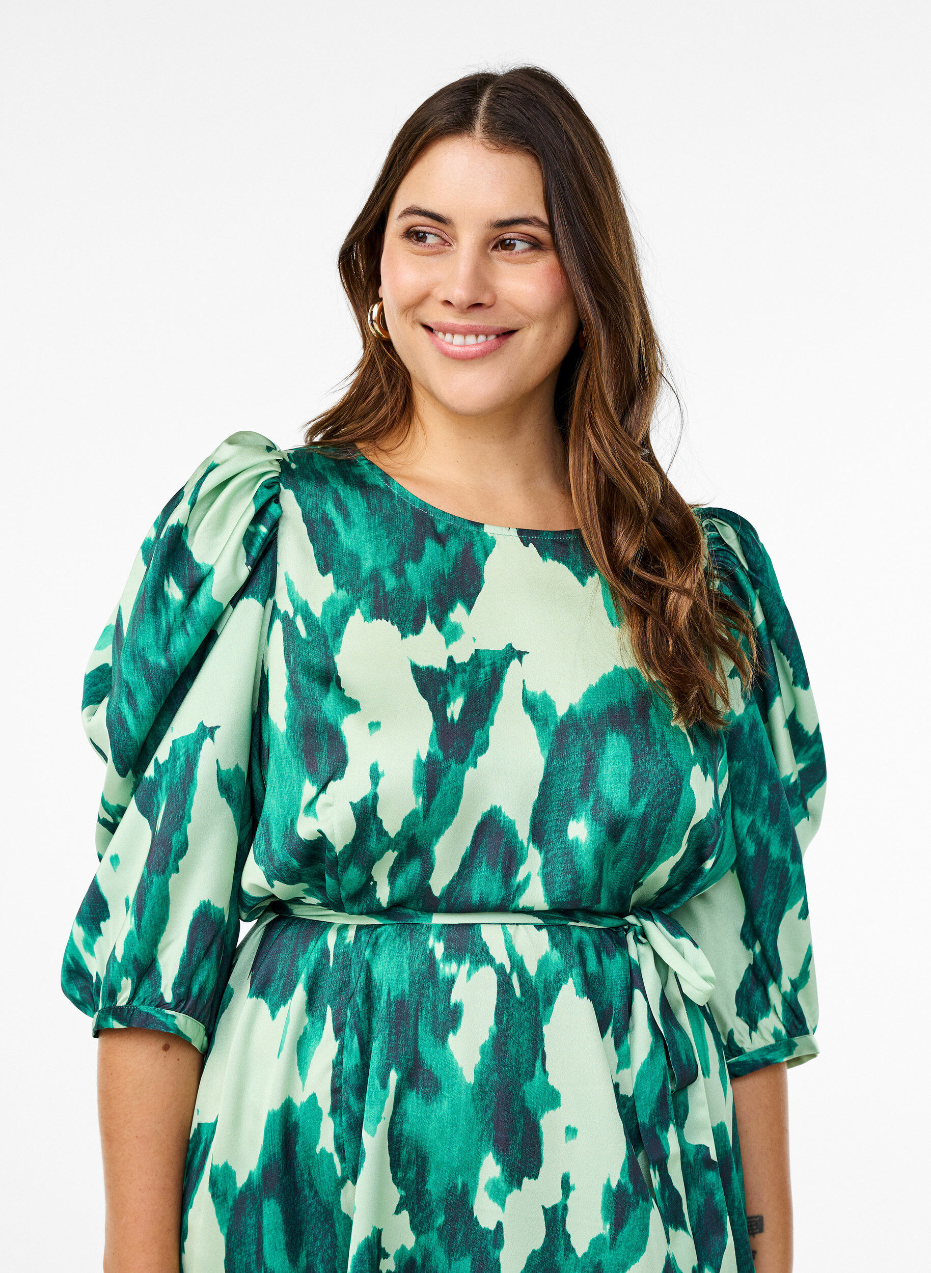 ZizziFeestjurk met korte mouwen en strikceintuur, Groen, Model image number 2