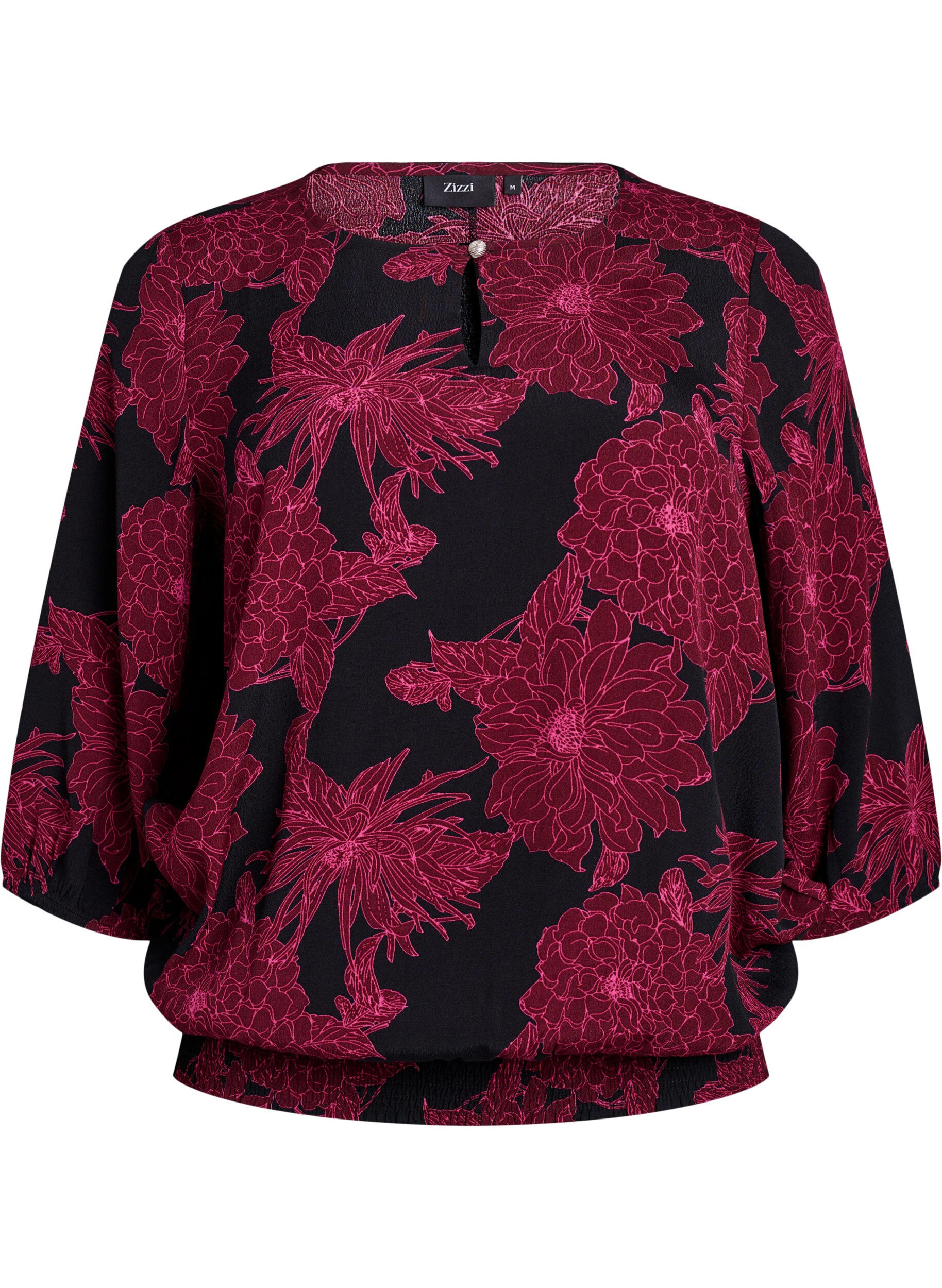 ZizziViscose blouse met bloemenprint en smockwerk, Donker Bordeaux, Packshot image number 0