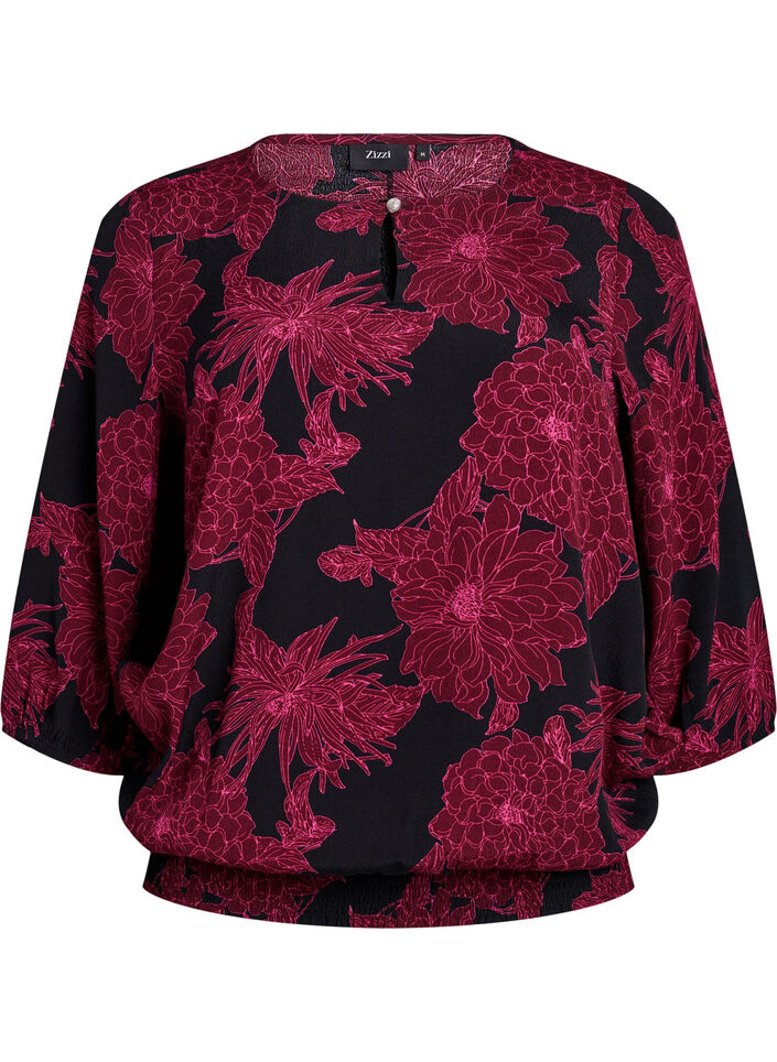 Blouse en viscose à imprimé floral et smocks, Bordeaux foncé, Packshot image number 0