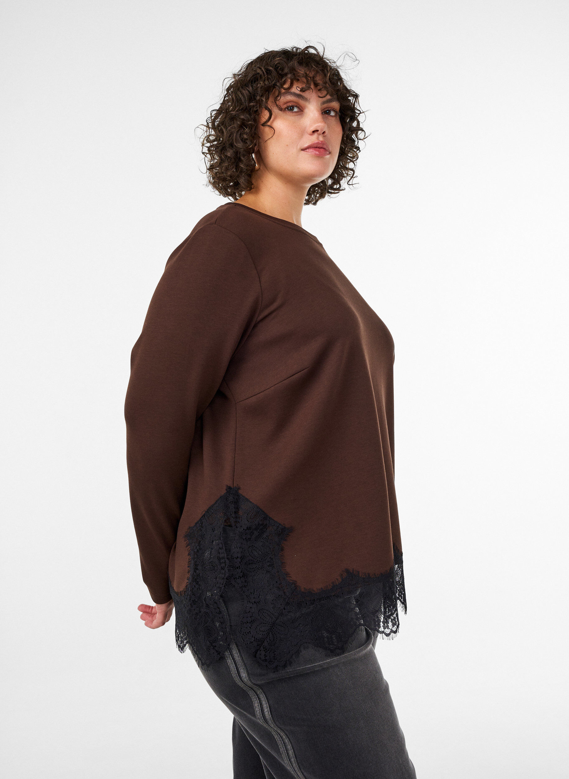 ZizziJersey blouse met kanten rand, Bruin, Model image number 3