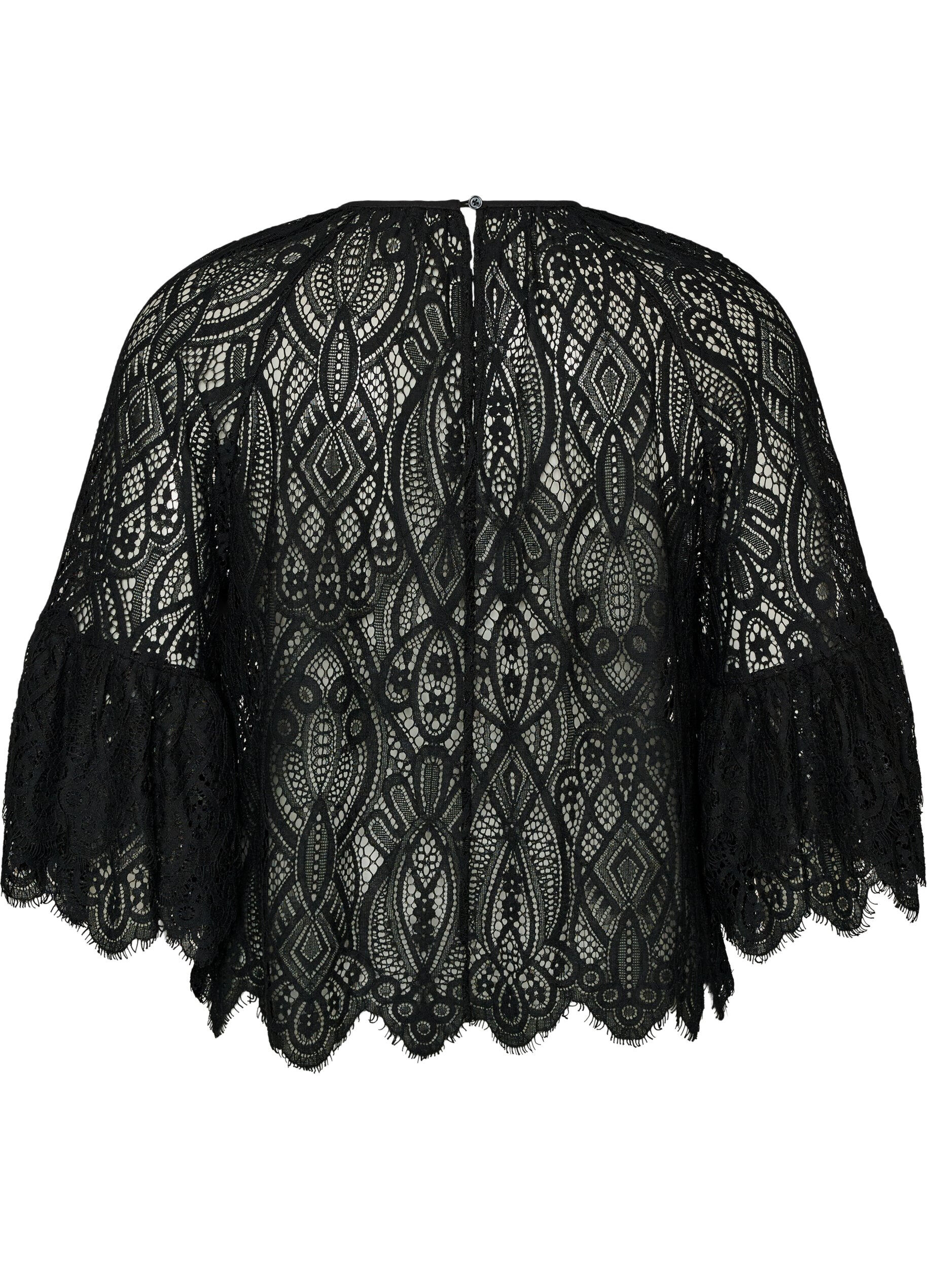 ZizziBlouse en dentelle avec manches longues trompette et volants, Noir, Packshot image number 1