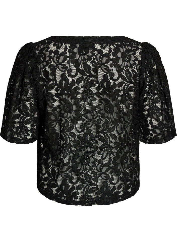 Blouse en dentelle &agrave; manches courtes et col V, Noir, Packshot image number 1