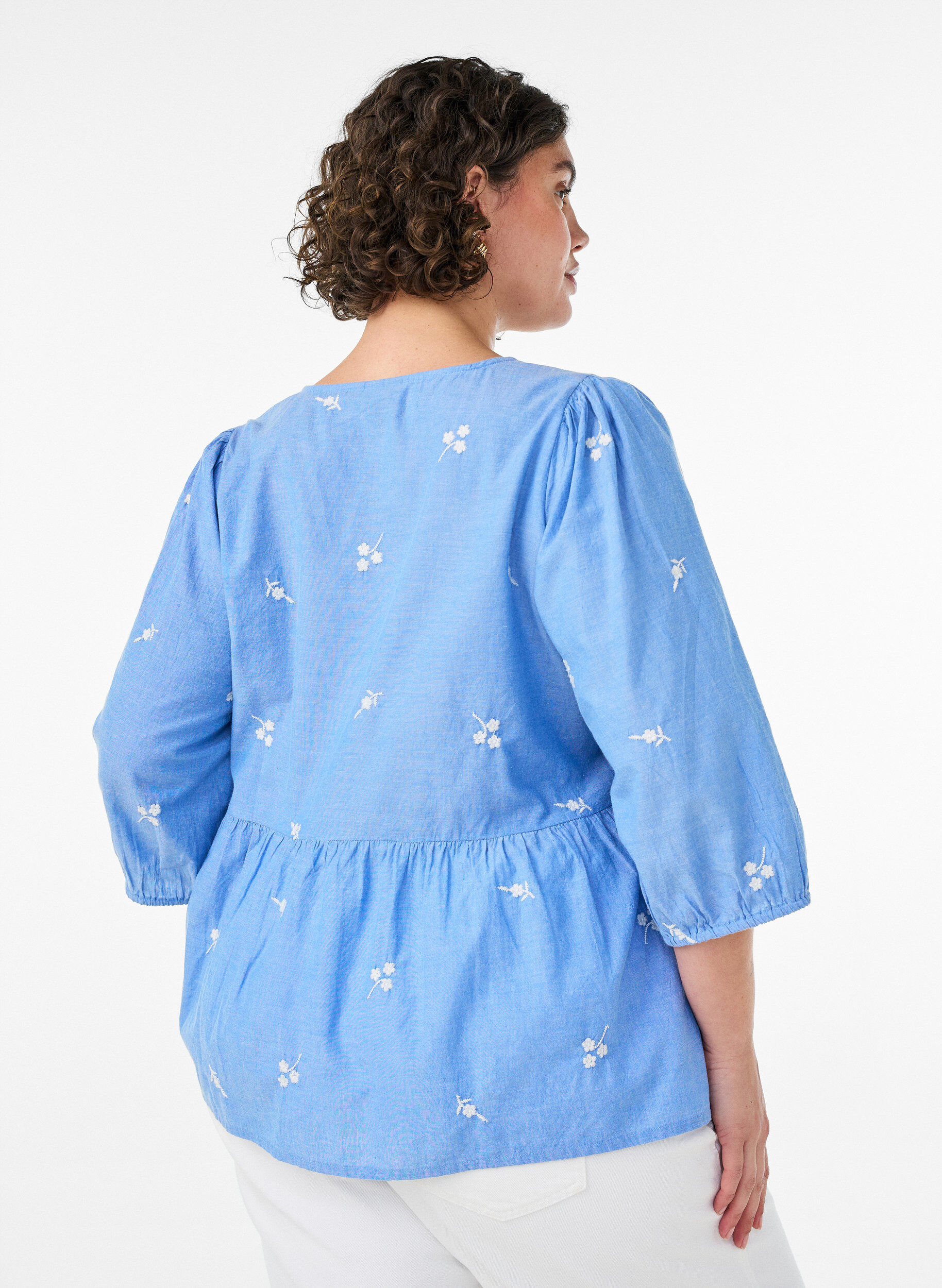 ZizziKatoenen blouse met geborduurde bloemen en knoopsluiting, Blauw, Model image number 2