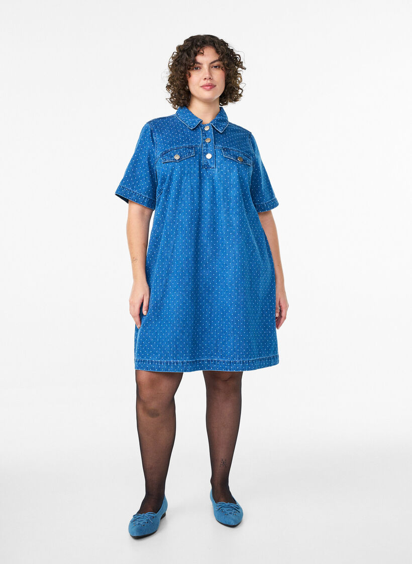 Robe courte en jean &agrave; pois, Bleu, Model image number 1