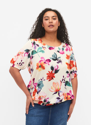 Gebloemde blouse met smokwerk, Buttercream Flower , Model image number 0
