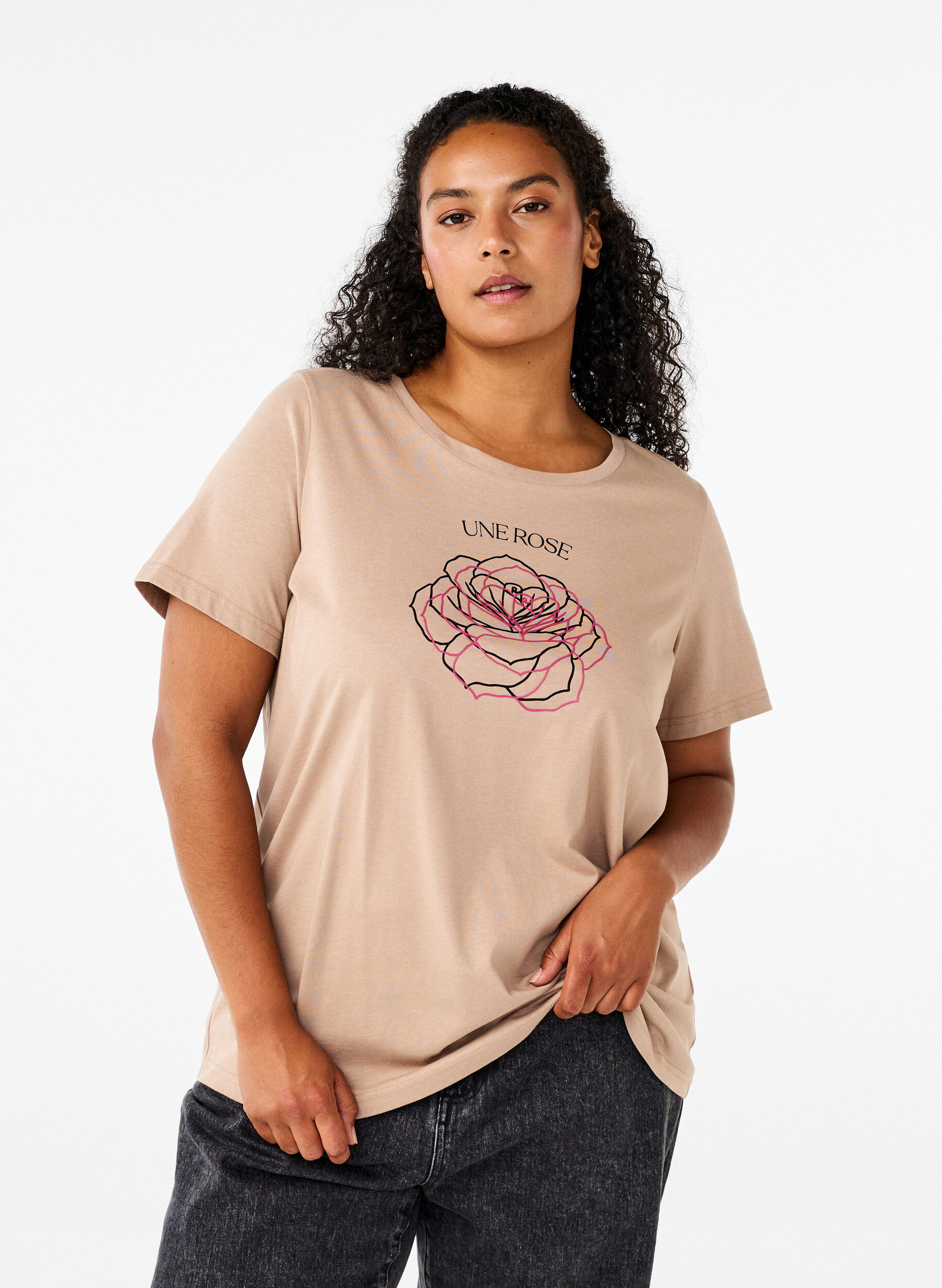 ZizziKatoenen T-shirt met opdruk, S. Mink w. Flower, Model image number 0