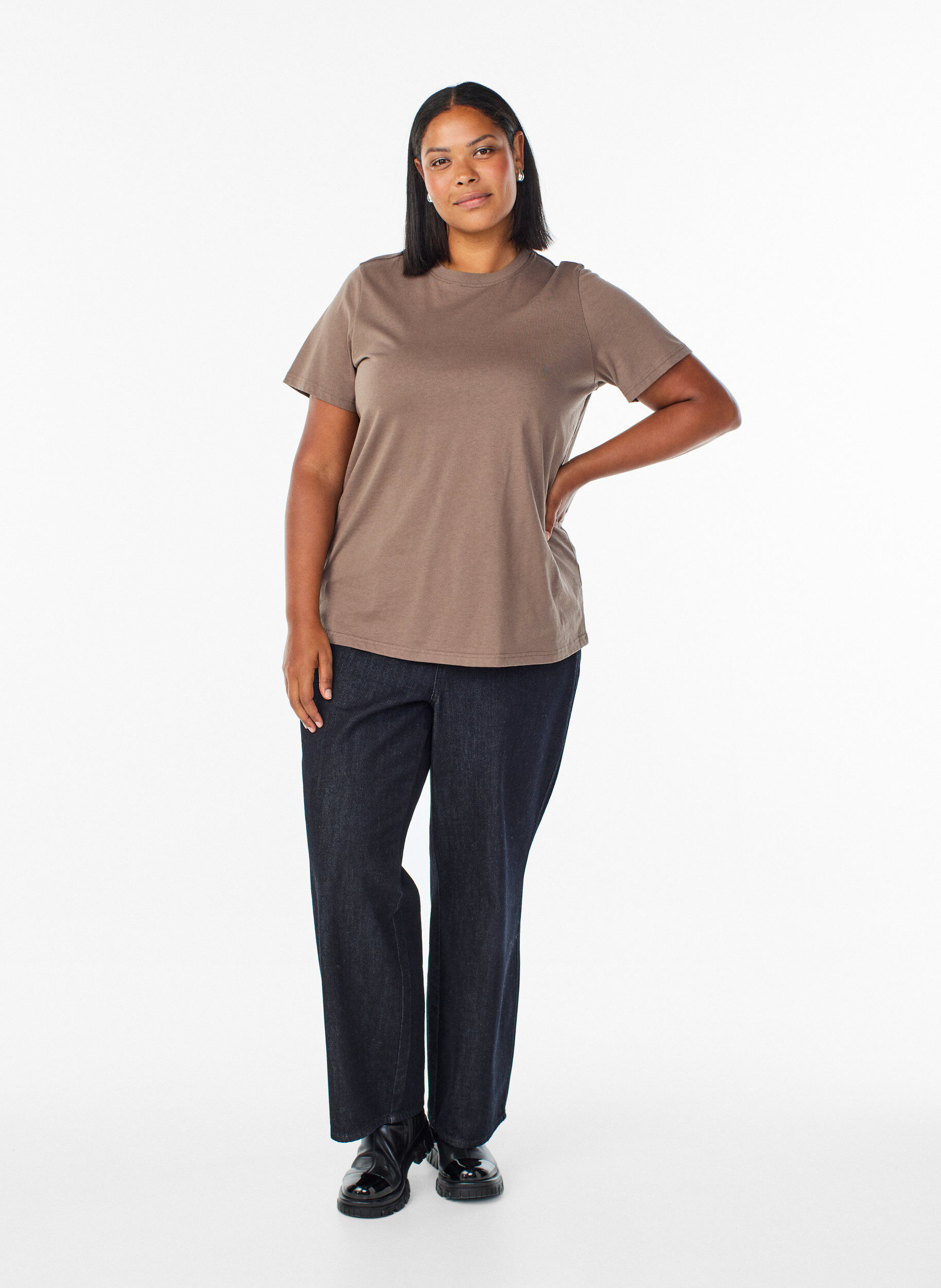 ZizziBasic katoenen T-shirt met ronde hals, Bruin, Model image number 1