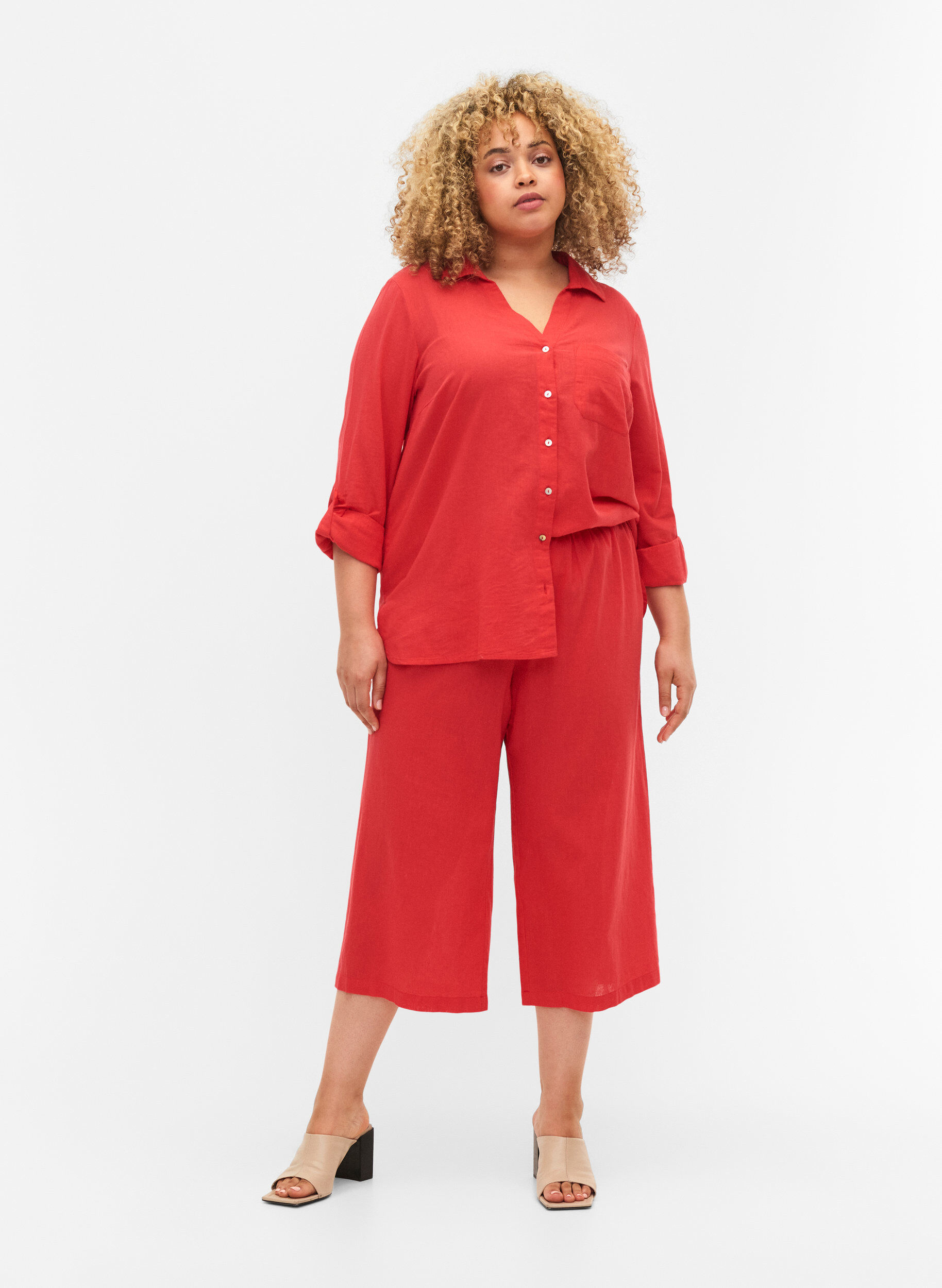 ZizziShirtblouse met knoopsluiting van katoen-linnenmix, Hibiscus, Model image number 2