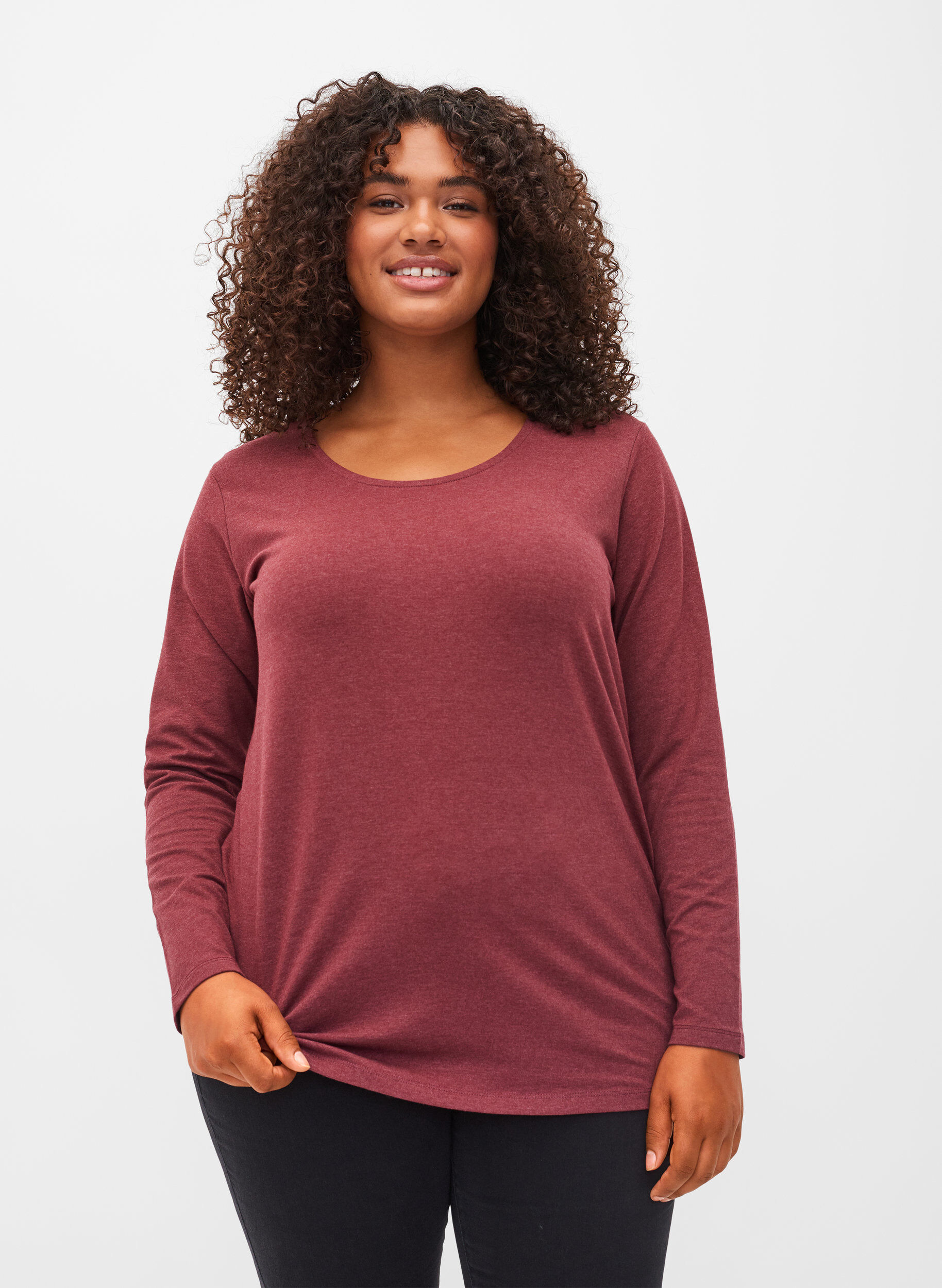 ZizziBasic top met lange mouwen, Cabernet Melange, Model image number 0