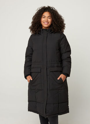 Veste d'hiver longue avec cordon de serrage à la taille, Black, Model image number 0