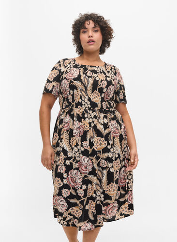 Viscose jurk met print en smokwerk, Paisley Flower, Model image number 0