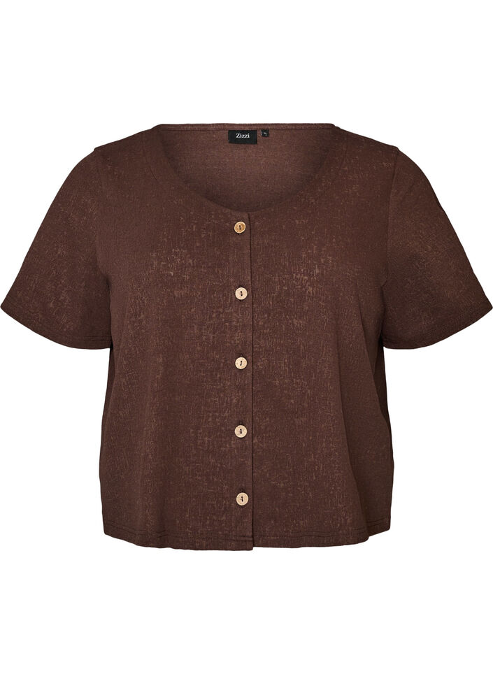 Blouse en coton textur&eacute; avec fermeture &agrave; boutons, Marron, Packshot image number 0