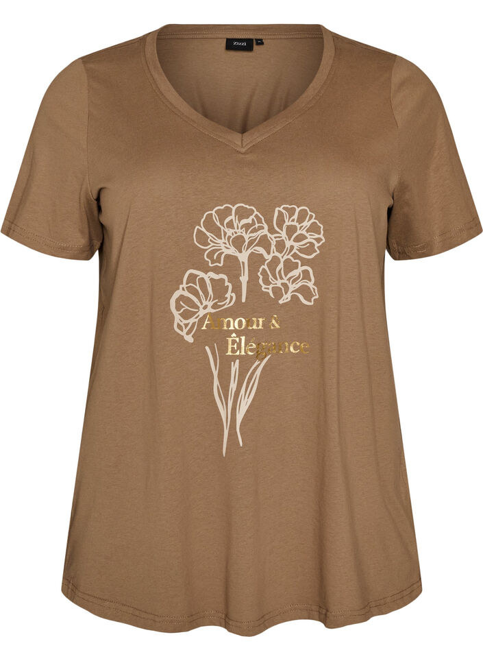 Katoenen T-shirt met V-hals en print aan de voorkant, Bruin, Packshot image number 0