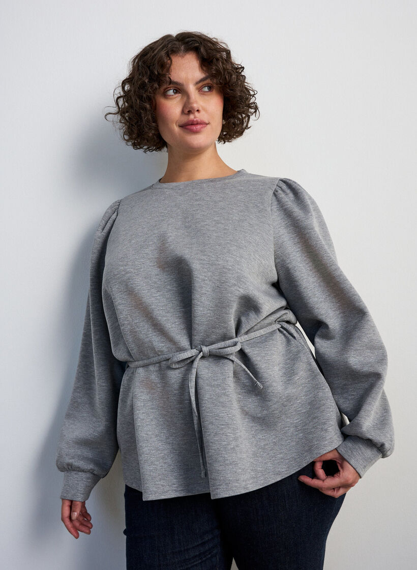 Blouse avec lien &agrave; nouer et manches bouffantes, Gris, Model image number 3