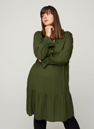 Viscose jurk met koordsluiting, Rifle Green, Model image number 0