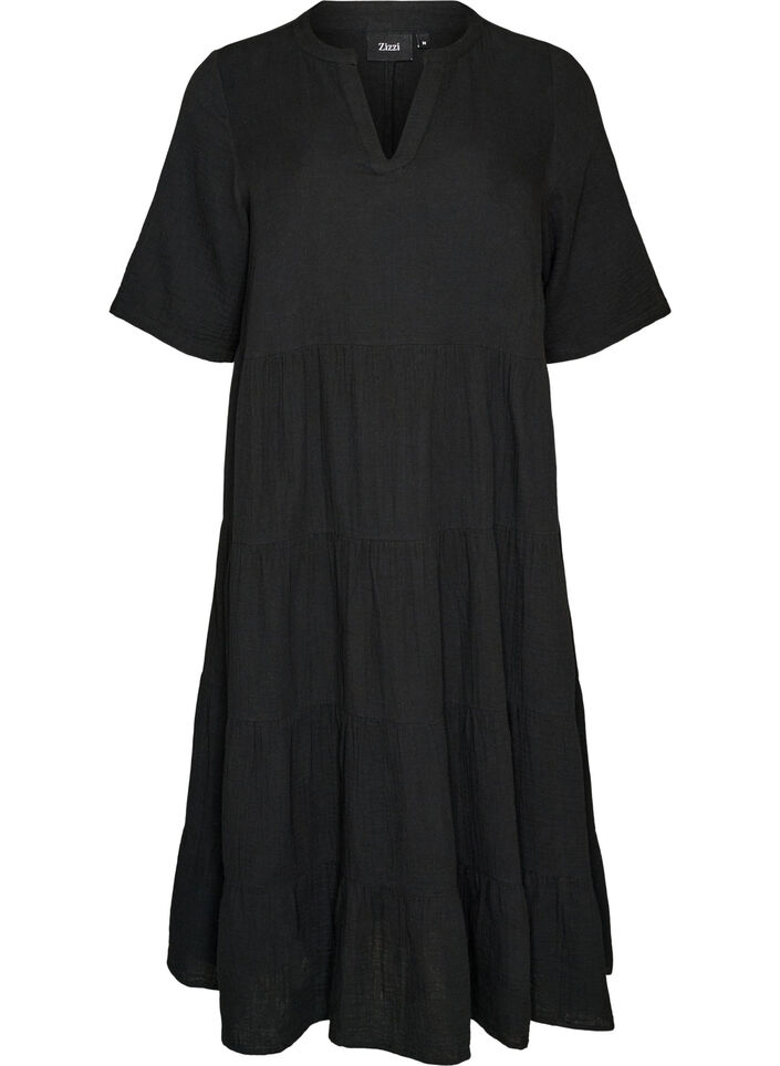 Robe midi coupe &eacute;vas&eacute;e en mousseline de coton, Noir, Packshot image number 0