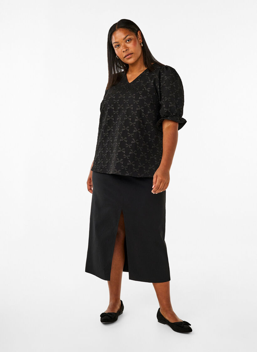 Jacquard blouse met korte mouwen en strikjes, Black W. Bow, Model image number 2