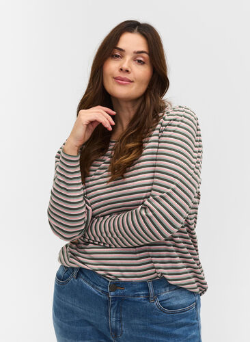 Gestreepte blouse met lange mouwen, Rosa/Green Stripe, Model image number 0