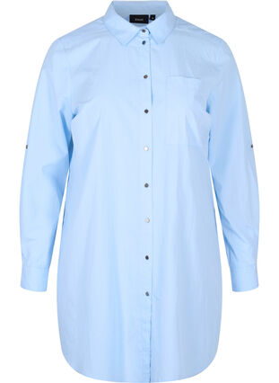Lang katoenen blouse met kraag en knoopsluiting, Chambray Blue, Packshot image number 0