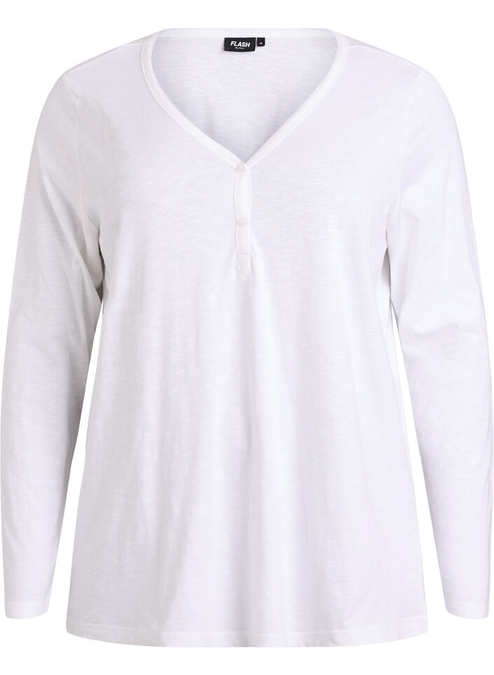 T-shirt met lange mouwen, V-hals en knopen, Wit, Packshot image number 0