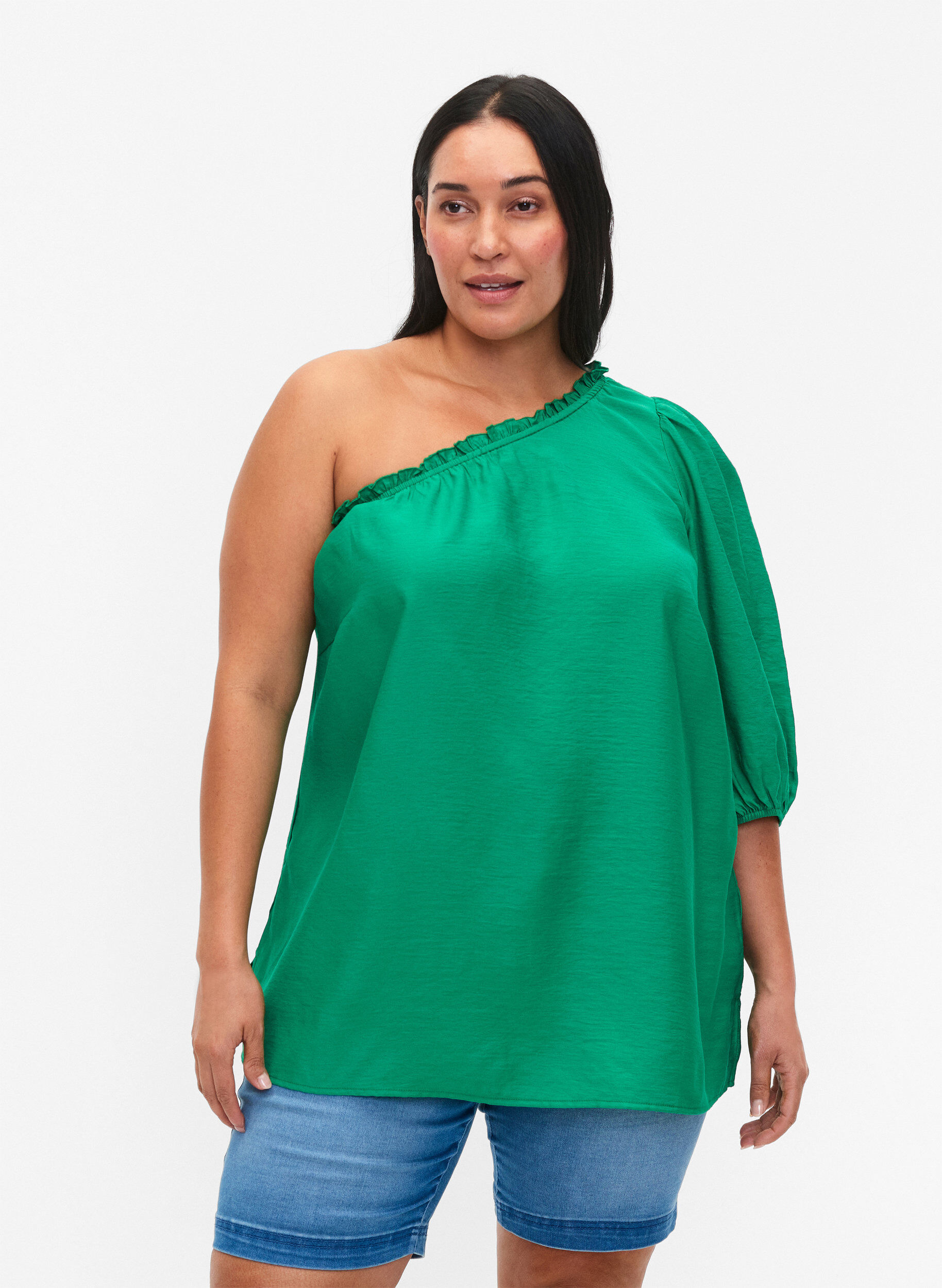 ZizziOne-shoulder blouse in viscose, Groen, Model image number 0