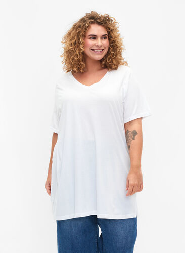 T-shirt à col en V surdimensionné de couleur unie, Bright White, Model image number 0