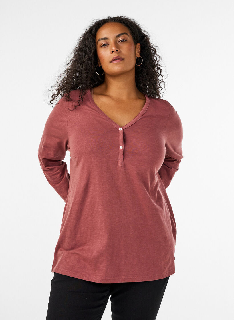 T-shirt &agrave; manches longues avec col V et boutons, Marron, Model image number 0