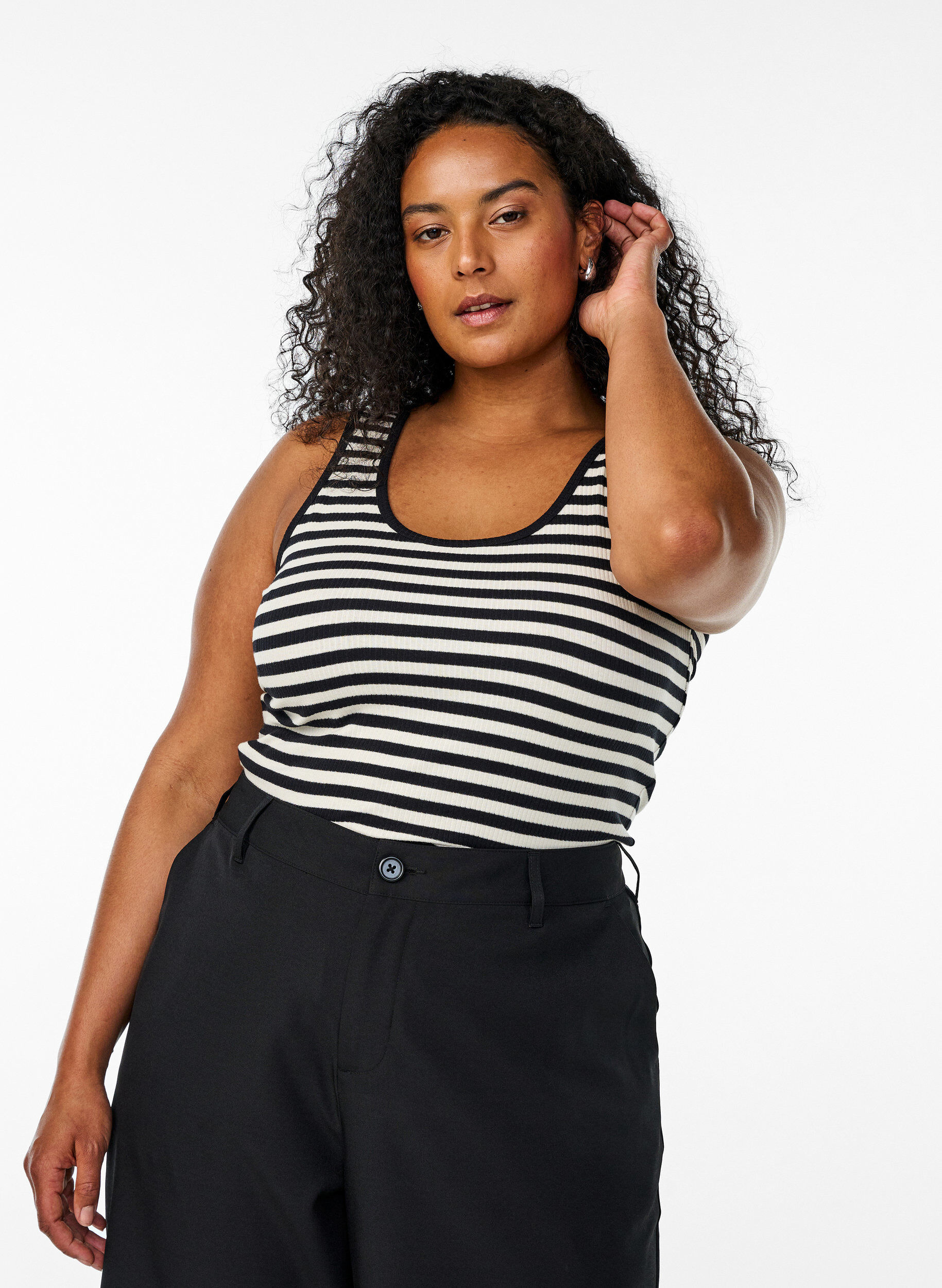 ZizziGestreepte tanktop met een ribstructuur, Zwart, Model image number 0