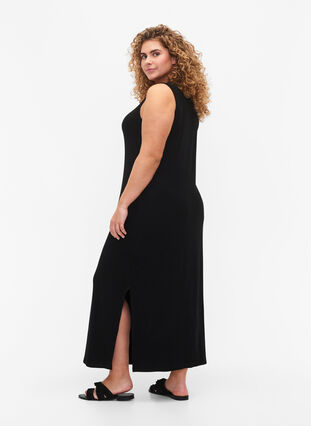 Mouwloze, geribde jurk van viscose, Black, Model image number 1