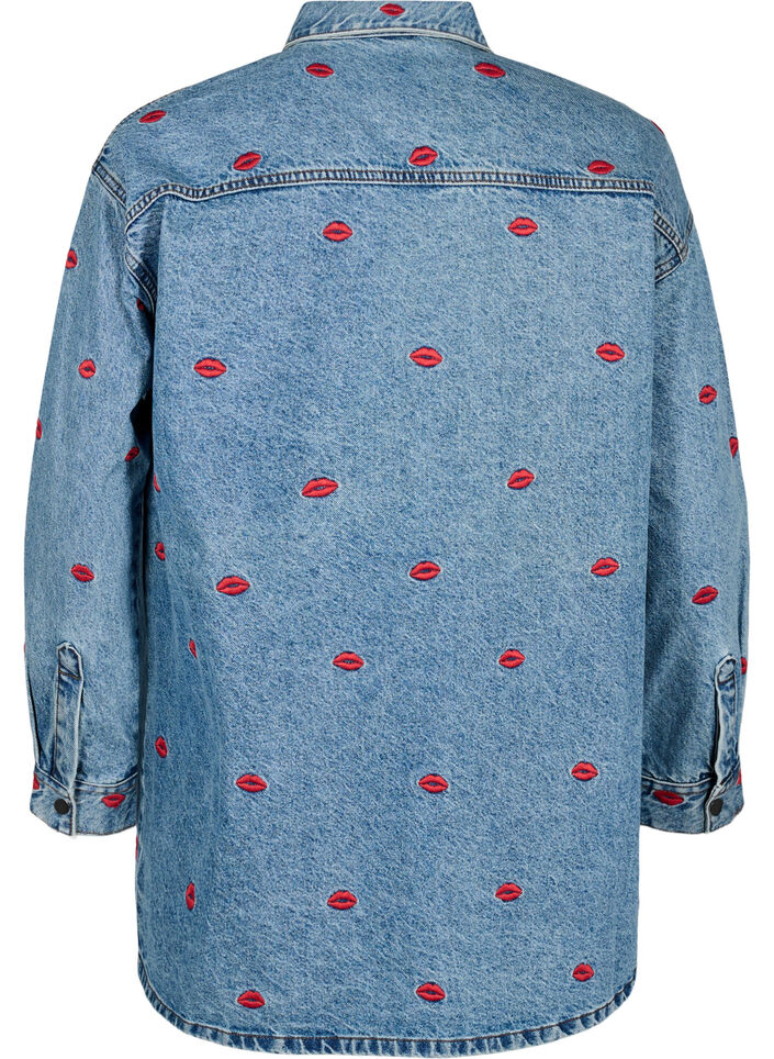 Chemise ample en jean et avec lèvres brodées, Light Blue Kiss, Packshot image number 1